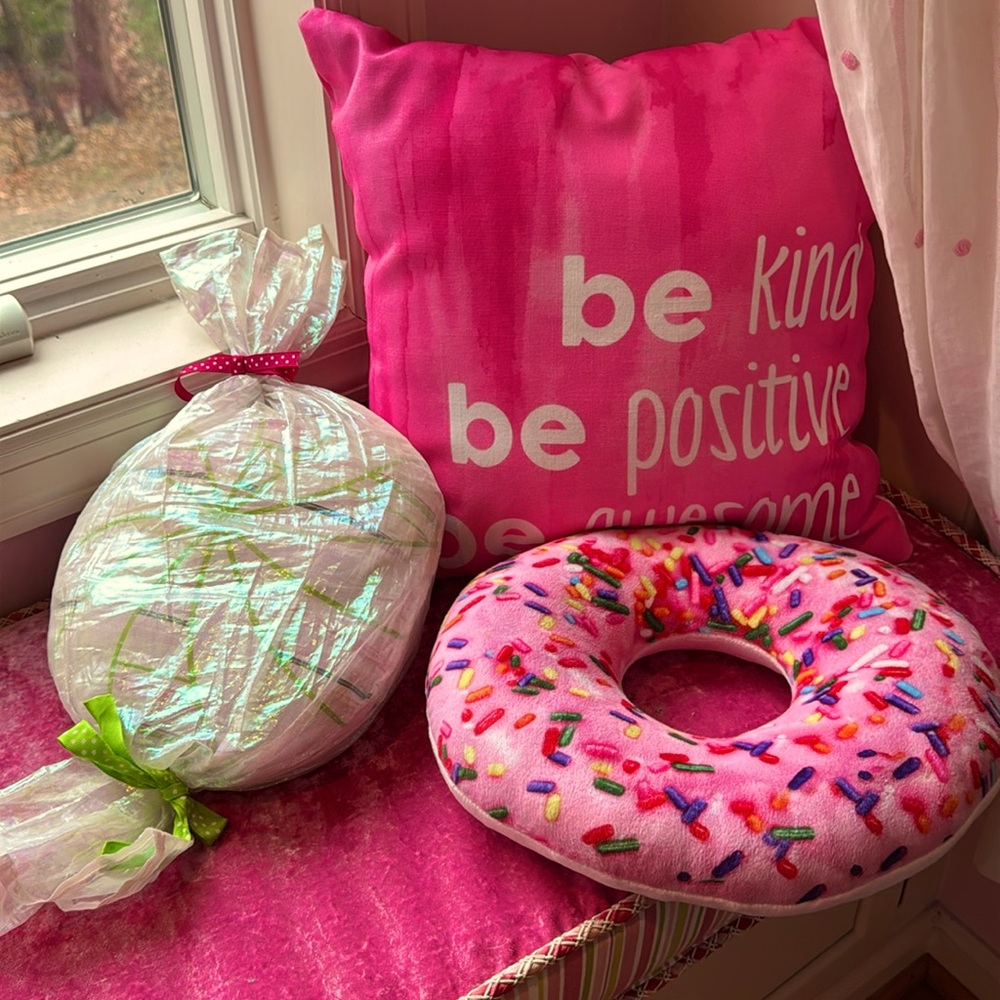 decorative pillows girls bedroom kids doughnut sprinkles iridescent candy ribbon